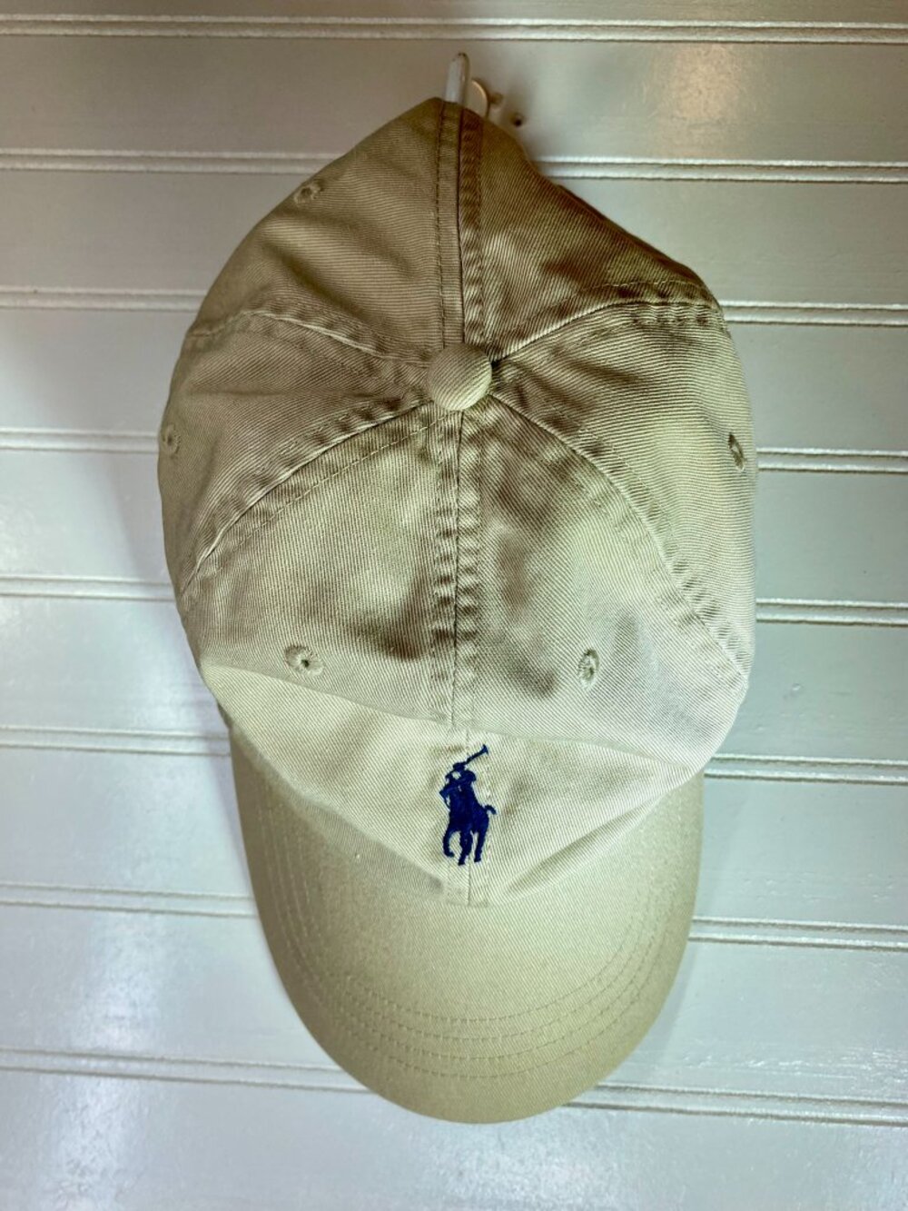 Vintage  Polo Ralph Lauren Men's Tan Chino Cotton Baseball Cap,  Navy Pony Logo